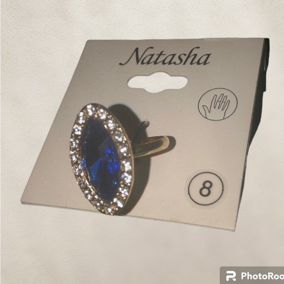 Natasha Ring Size 8 Sapphire Blue Color Stone w/ white Rhinestones surround NEW - Picture 3 of 8